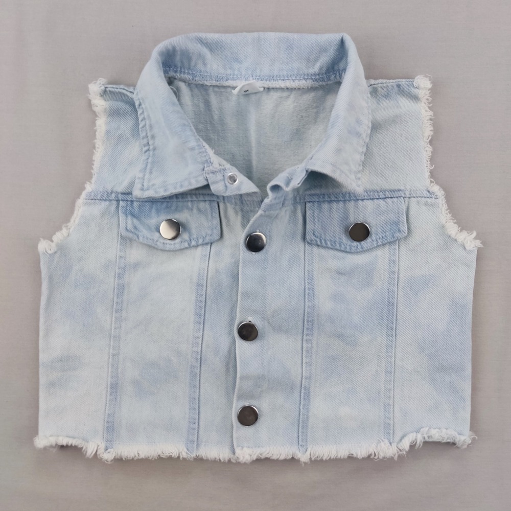 SHEIN Denim Vest Girls 5Y Light Blue Cropped Frayed Hem Button Front Waistcoat